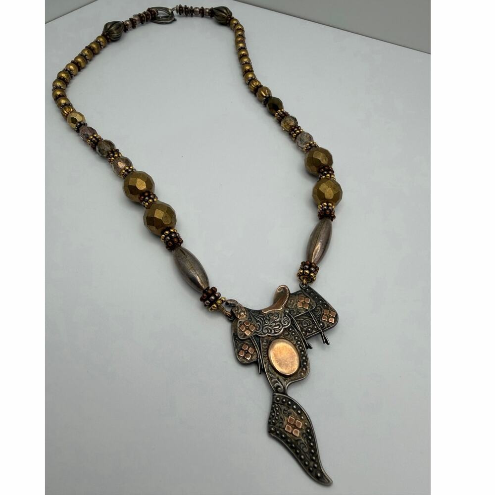 Vintage Sterling Silver 10K Gold Western Saddle Pendant Beaded Necklace